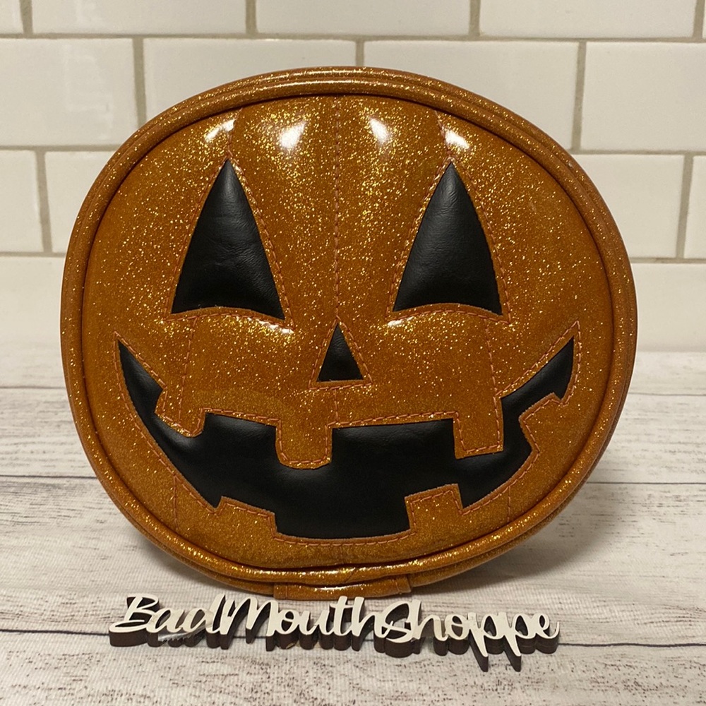 *RARE Love Pain and Stitches Halloween Glitter Orange Pumpkin Make Up Bag Case